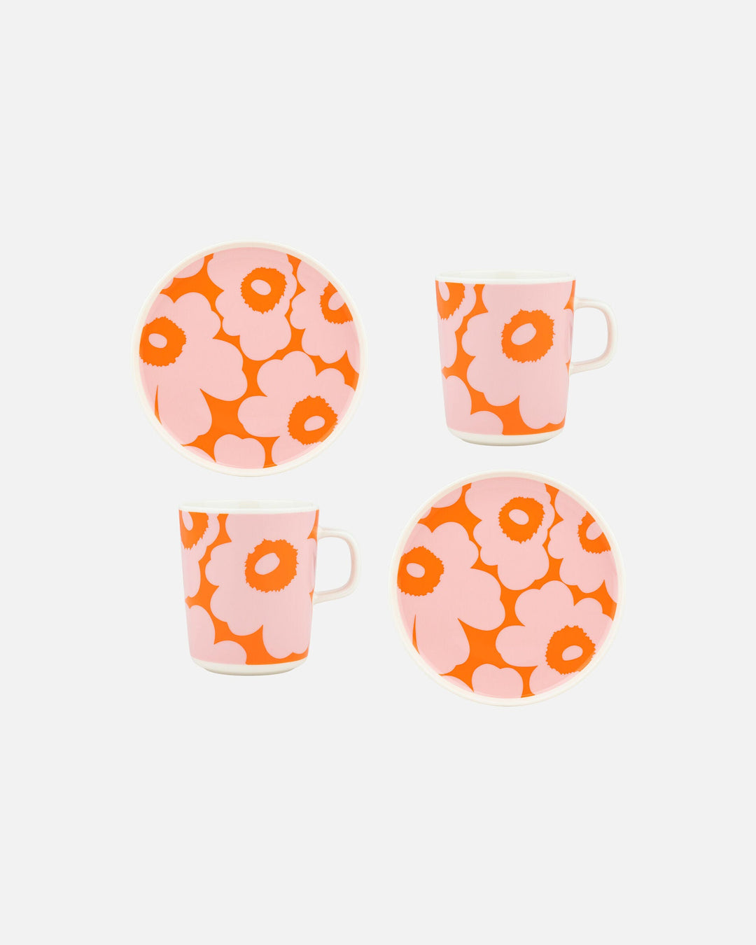 unikko breakfast set 2 mugs, 2 plates - orange/pink