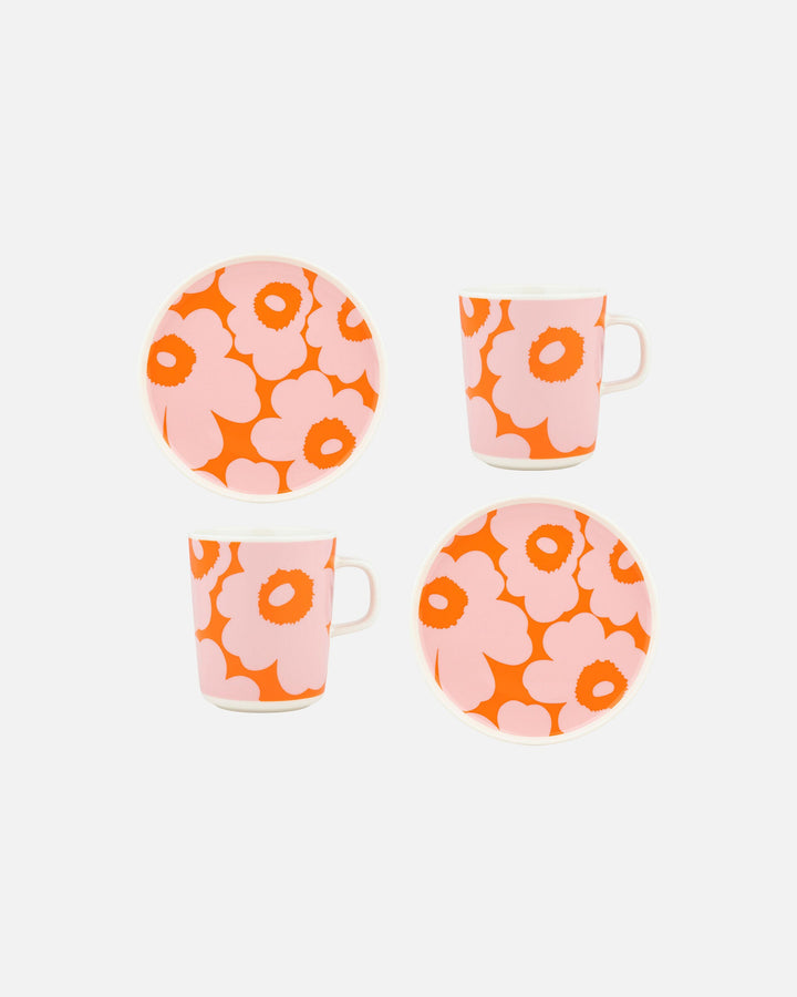 unikko breakfast set 2 mugs, 2 plates - orange/pink