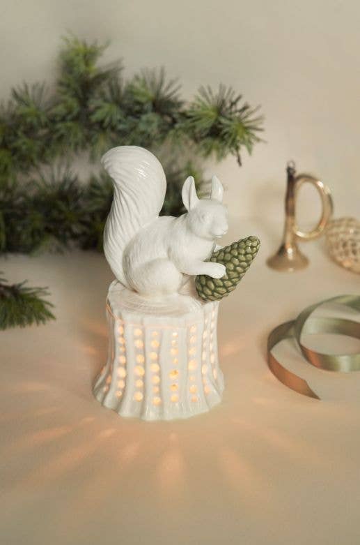 Winter Stories Squirrel on Tree Stump Tealight Candle Holder