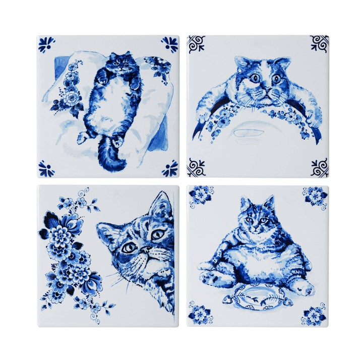 Delft Lazy Cat Coasters Set of 4