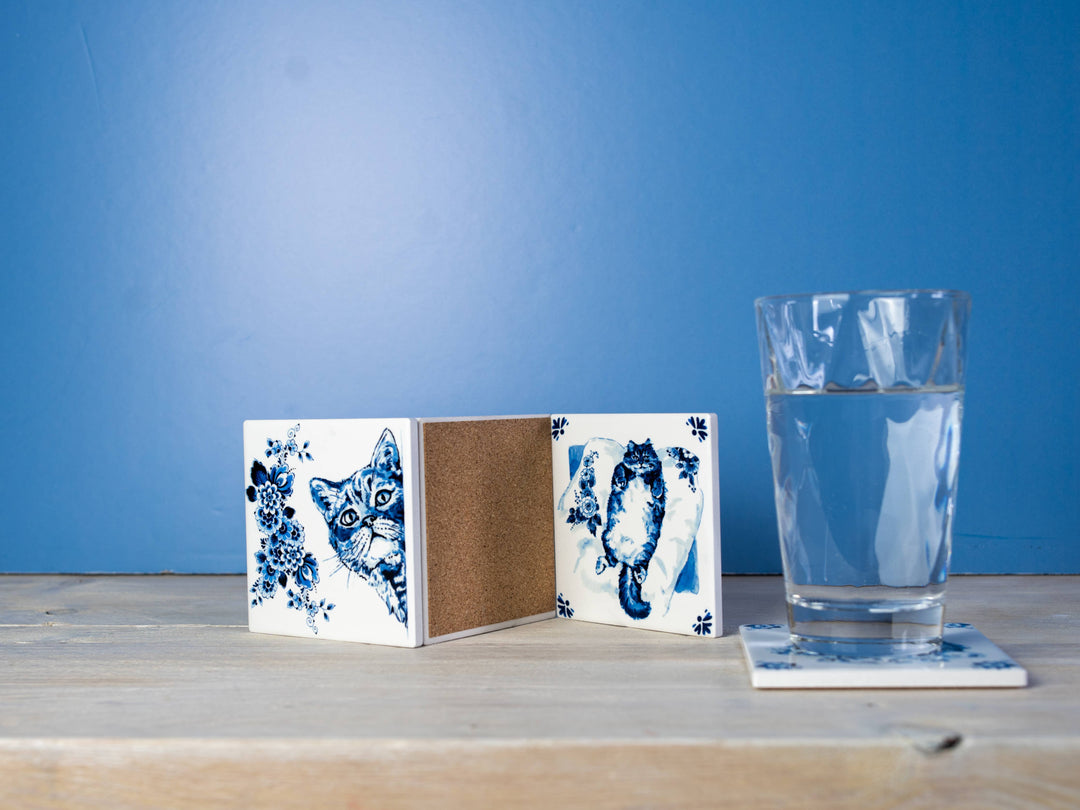 Delft Lazy Cat Coasters Set of 4