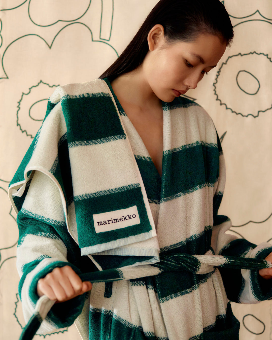 Galleria Bathrobe - Cream / Green - Cotton